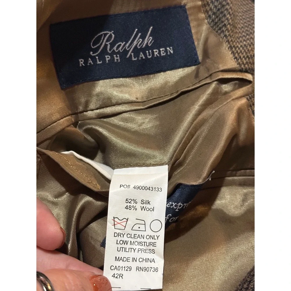 Silk Wool Ralph Lauren Houndstooth‎ Blazer Sport Coat 42R